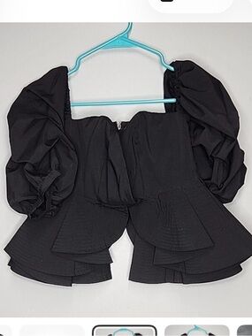Black Puff Sleeve Peplum Blouse